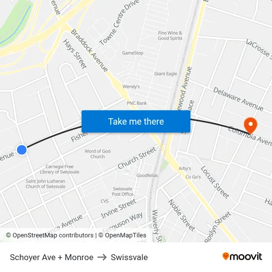 Schoyer Ave + Monroe to Swissvale map