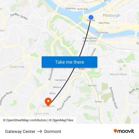 Gateway Center to Dormont map