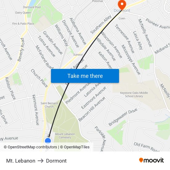 Mt. Lebanon to Dormont map