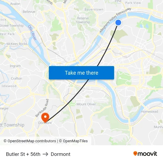 Butler St + 56th to Dormont map