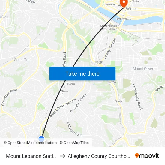 Mount Lebanon Station to Allegheny County Courthouse map