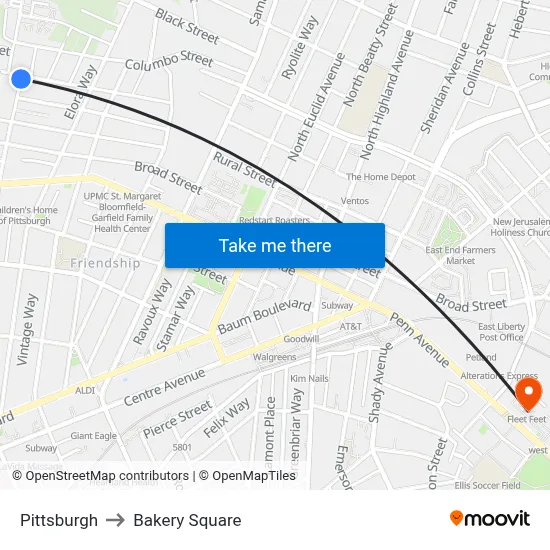 Pittsburgh to Bakery Square map