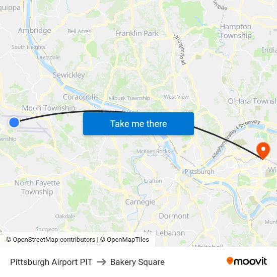 Pittsburgh Airport PIT to Bakery Square map