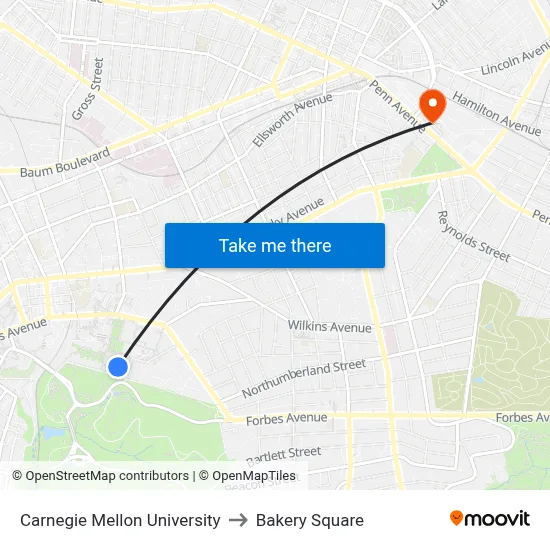 Carnegie Mellon University to Bakery Square map