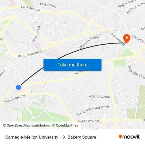 Carnegie-Mellon University to Bakery Square map