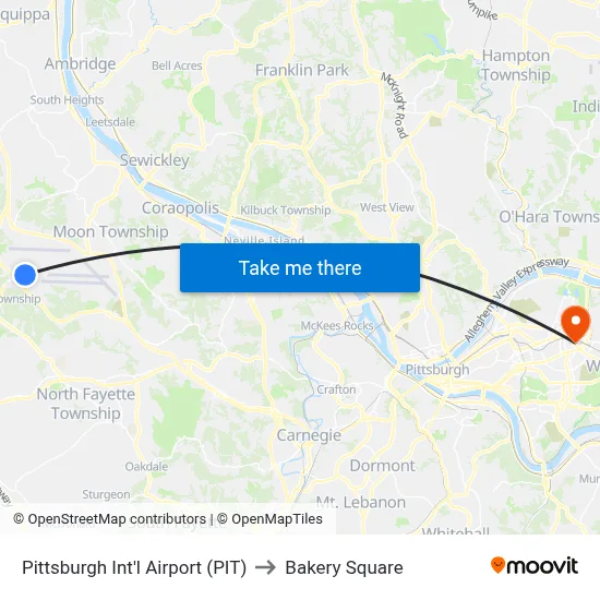 Pittsburgh Int'l Airport (PIT) to Bakery Square map