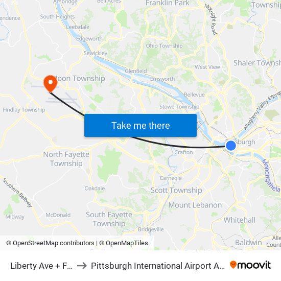 Liberty Ave + Fifth Ave to Pittsburgh International Airport Airside Terminal map