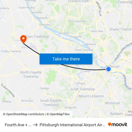 Fourth Ave + Wood to Pittsburgh International Airport Airside Terminal map