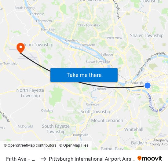 Fifth Ave + Mckee to Pittsburgh International Airport Airside Terminal map