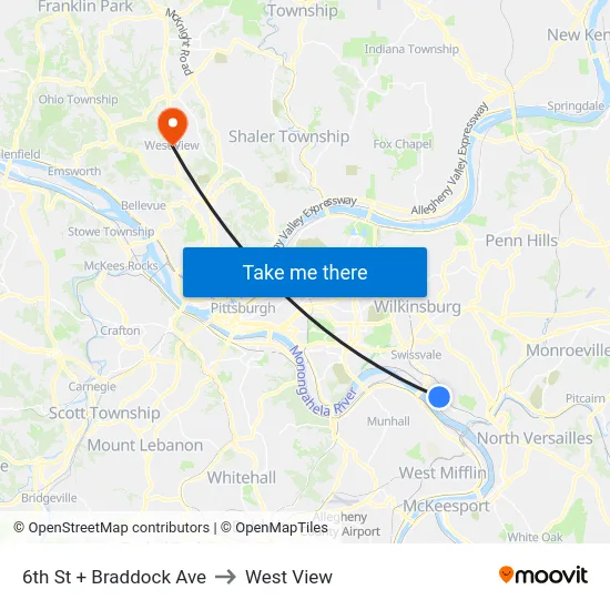 6th St + Braddock Ave to West View map