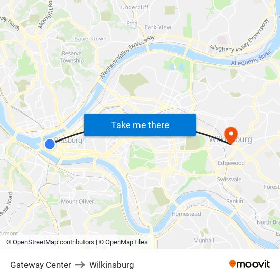 Gateway Center to Wilkinsburg map