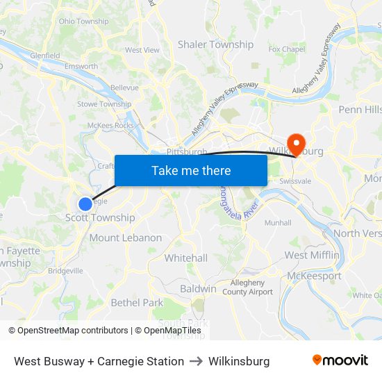 West Busway + Carnegie Station to Wilkinsburg map