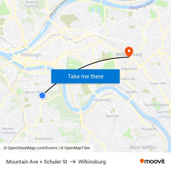 Mountain Ave + Schuler St to Wilkinsburg map