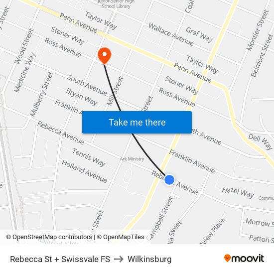 Rebecca St + Swissvale FS to Wilkinsburg map
