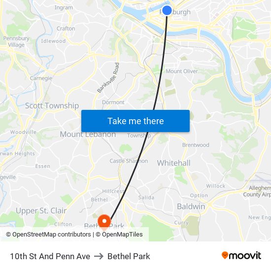 10th St And Penn Ave to Bethel Park map