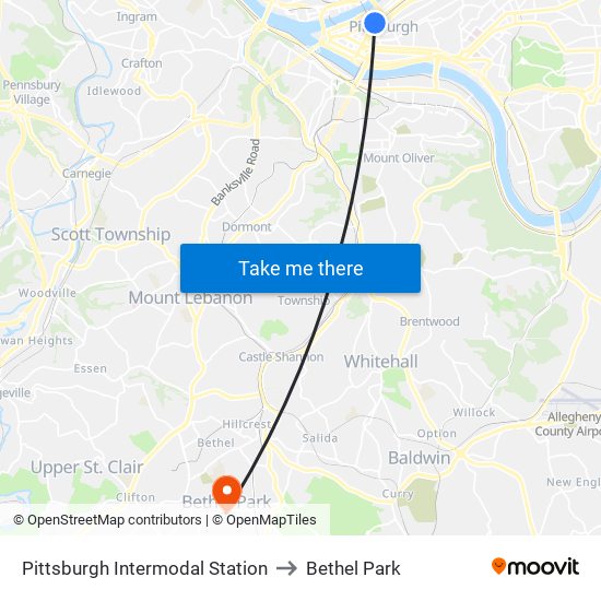 Pittsburgh Intermodal Station to Bethel Park map