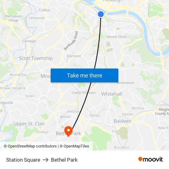 Station Square to Bethel Park map