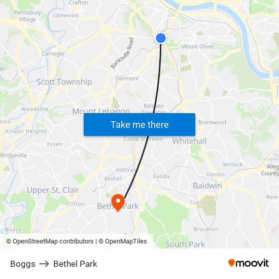 Boggs to Bethel Park map