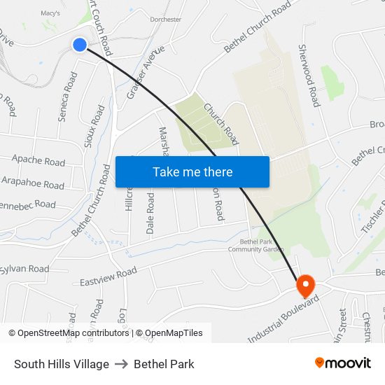 South Hills Village to Bethel Park map