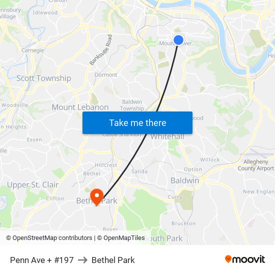 Penn Ave + #197 to Bethel Park map