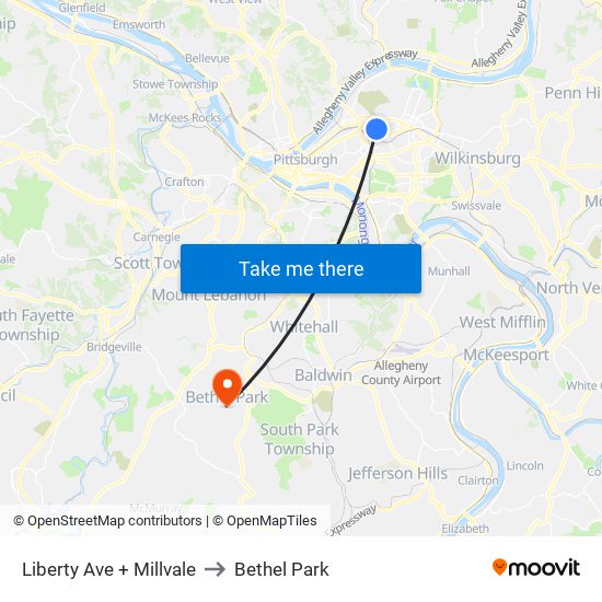 Liberty Ave + Millvale to Bethel Park map