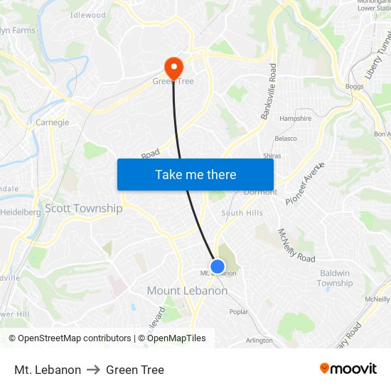 Mt. Lebanon to Green Tree map