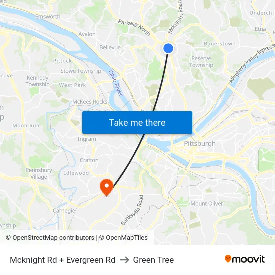 Mcknight Rd + Evergreen Rd to Green Tree map