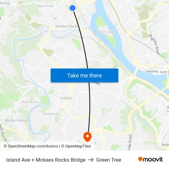 Island Ave + Mckees Rocks Bridge to Green Tree map