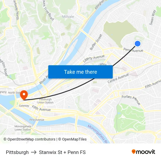Pittsburgh to Stanwix St + Penn FS map