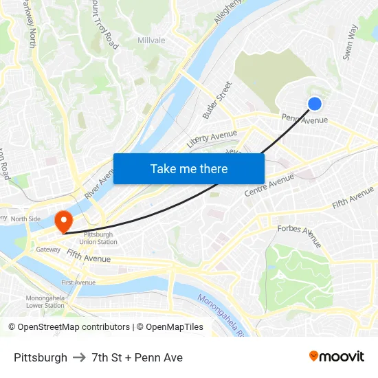Pittsburgh to 7th St + Penn Ave map