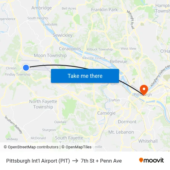 Pittsburgh Int'l Airport (PIT) to 7th St + Penn Ave map