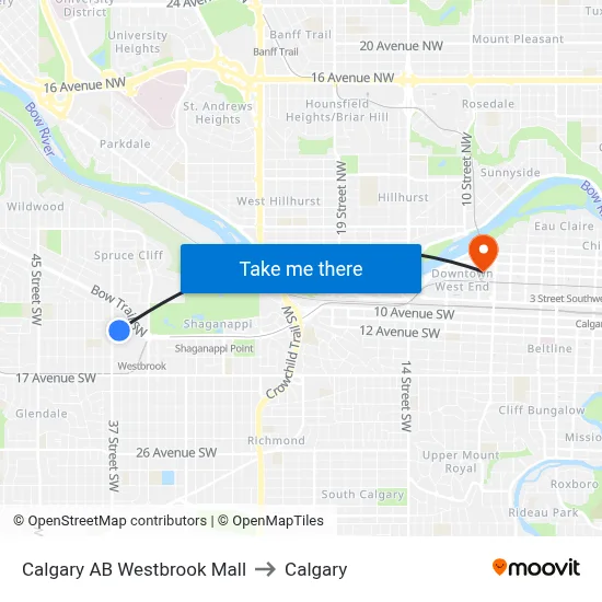 Calgary AB Westbrook Mall to Calgary map