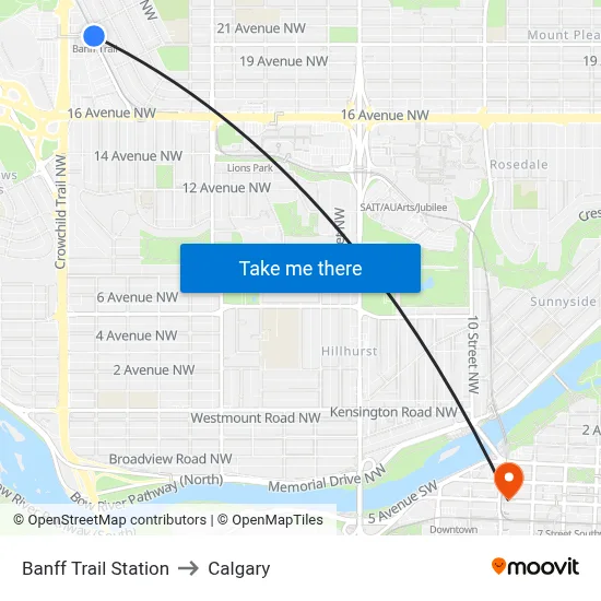 Banff Trail Station to Calgary map