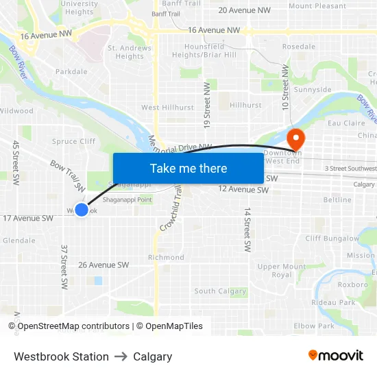 Westbrook Station to Calgary map