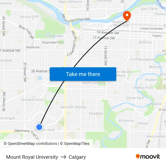 Mount Royal University to Calgary map