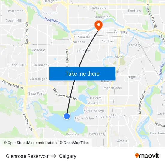 Glenrose Reservoir to Calgary map