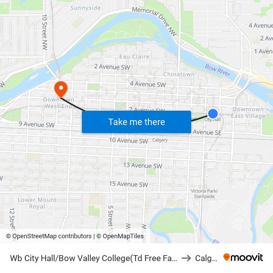 Wb City Hall/Bow Valley College(Td Free Fare Zone) to Calgary map