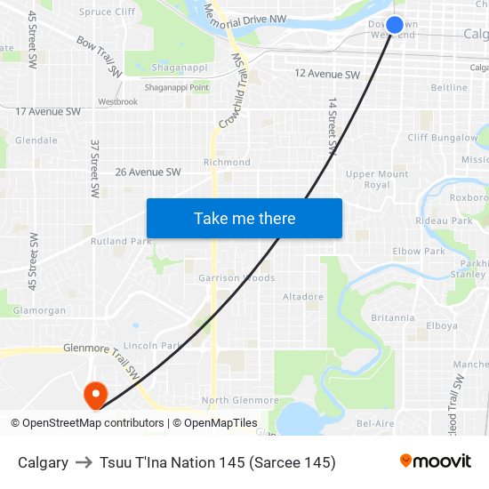 Calgary to Tsuu T'Ina Nation 145 (Sarcee 145) map