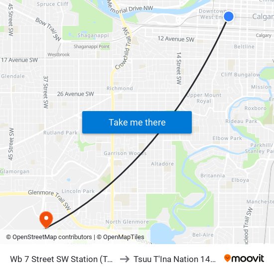 Wb 7 Street SW Station (Td Free Fare Zone) to Tsuu T'Ina Nation 145 (Sarcee 145) map