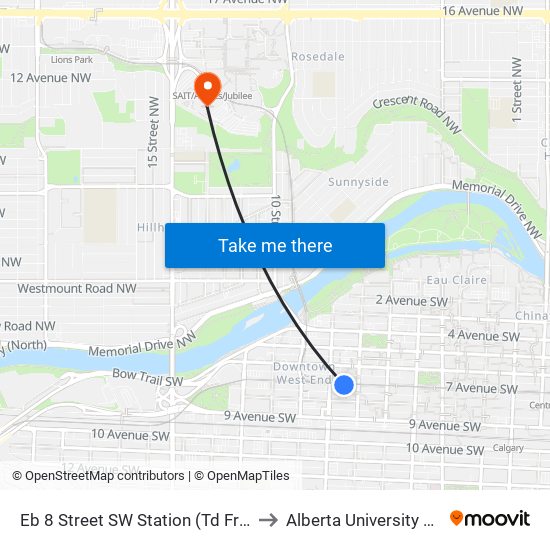 Eb 8 Street SW Station (Td Free Fare Zone) to Alberta University of the Arts map