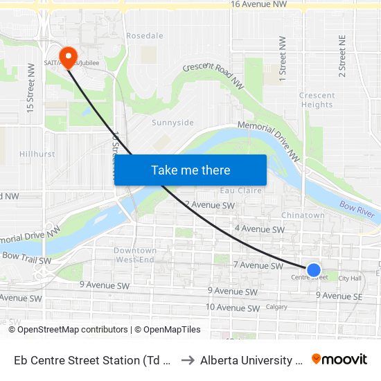 Eb Centre Street Station (Td Free Fare Zone) to Alberta University of the Arts map
