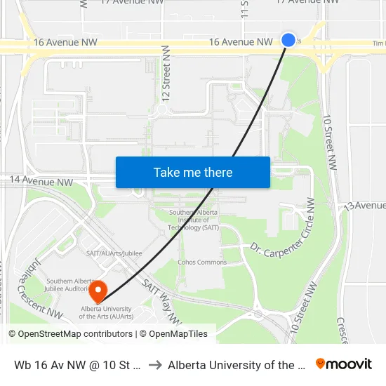 Wb 16 Av NW @ 10 St NW to Alberta University of the Arts map
