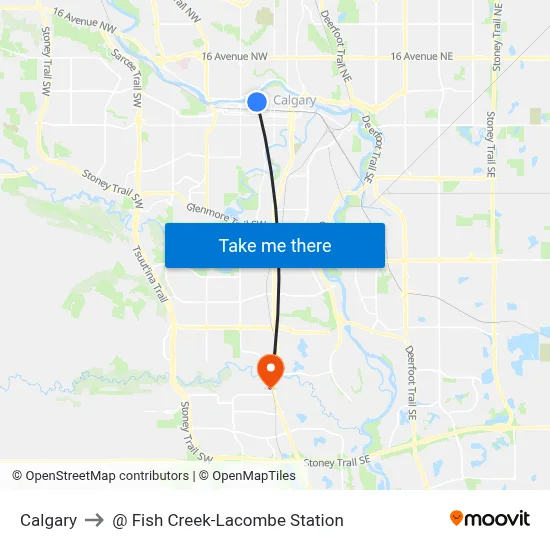 Calgary to @ Fish Creek-Lacombe Station map