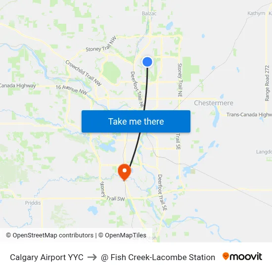 Calgary Airport YYC to @ Fish Creek-Lacombe Station map