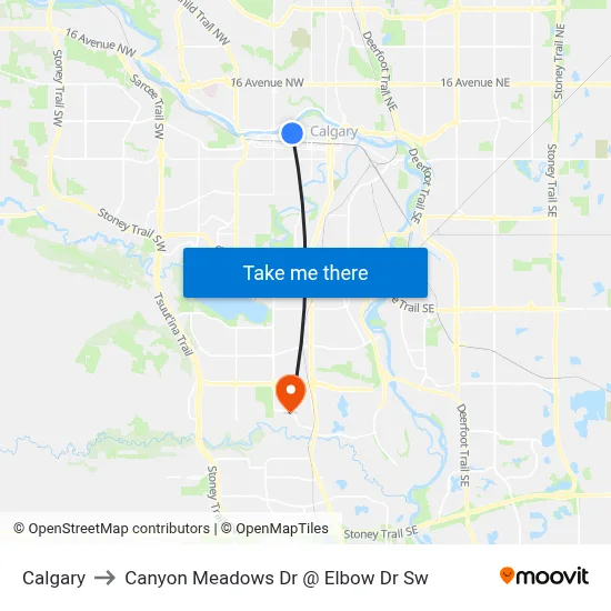 Calgary to Canyon Meadows Dr @ Elbow Dr Sw map