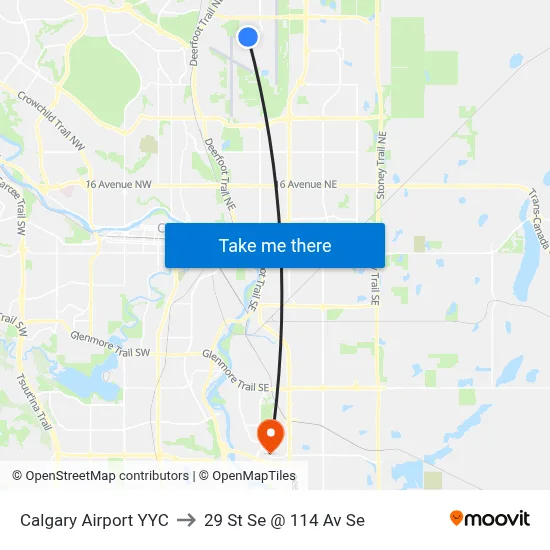 Calgary Airport YYC to 29 St Se @ 114 Av Se map