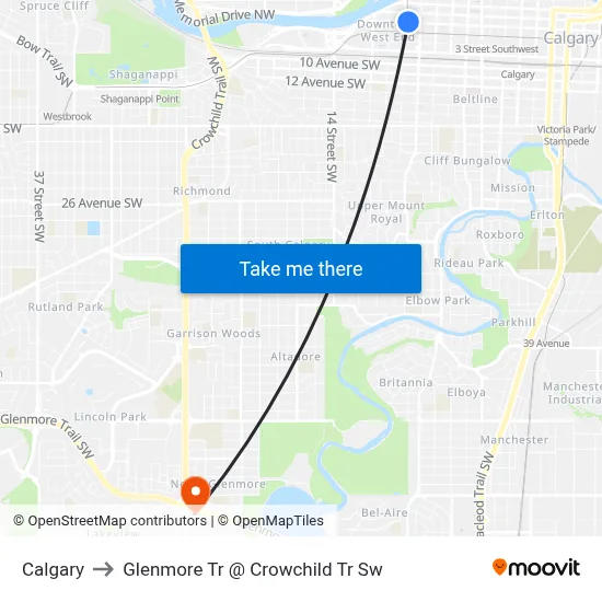 Calgary to Glenmore Tr @ Crowchild Tr Sw map