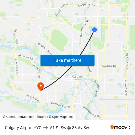 Calgary Airport YYC to 51 St Sw @ 33 Av Sw map