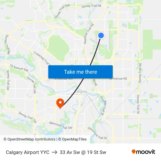 Calgary Airport YYC to 33 Av Sw @ 19 St Sw map
