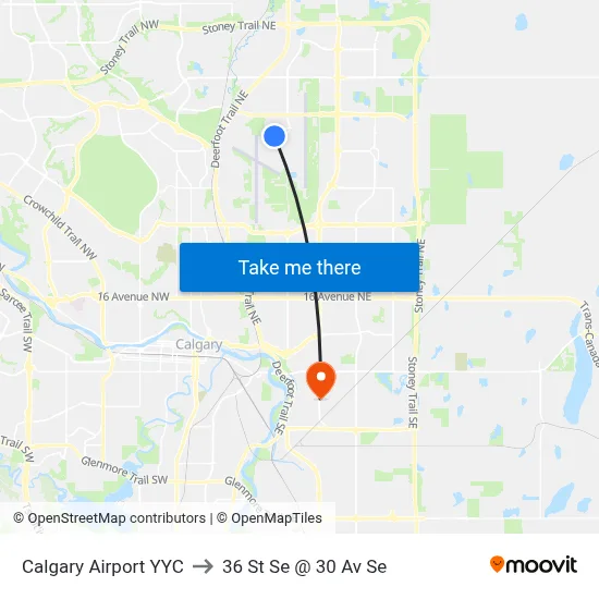 Calgary Airport YYC to 36 St Se @ 30 Av Se map